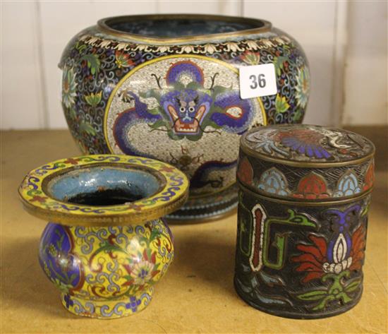 Cloisonne bowl, another & champleve pot & cover
